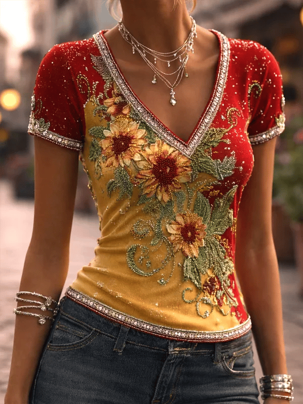 Women's Color Block Print Casual V-Neck T-Shirt