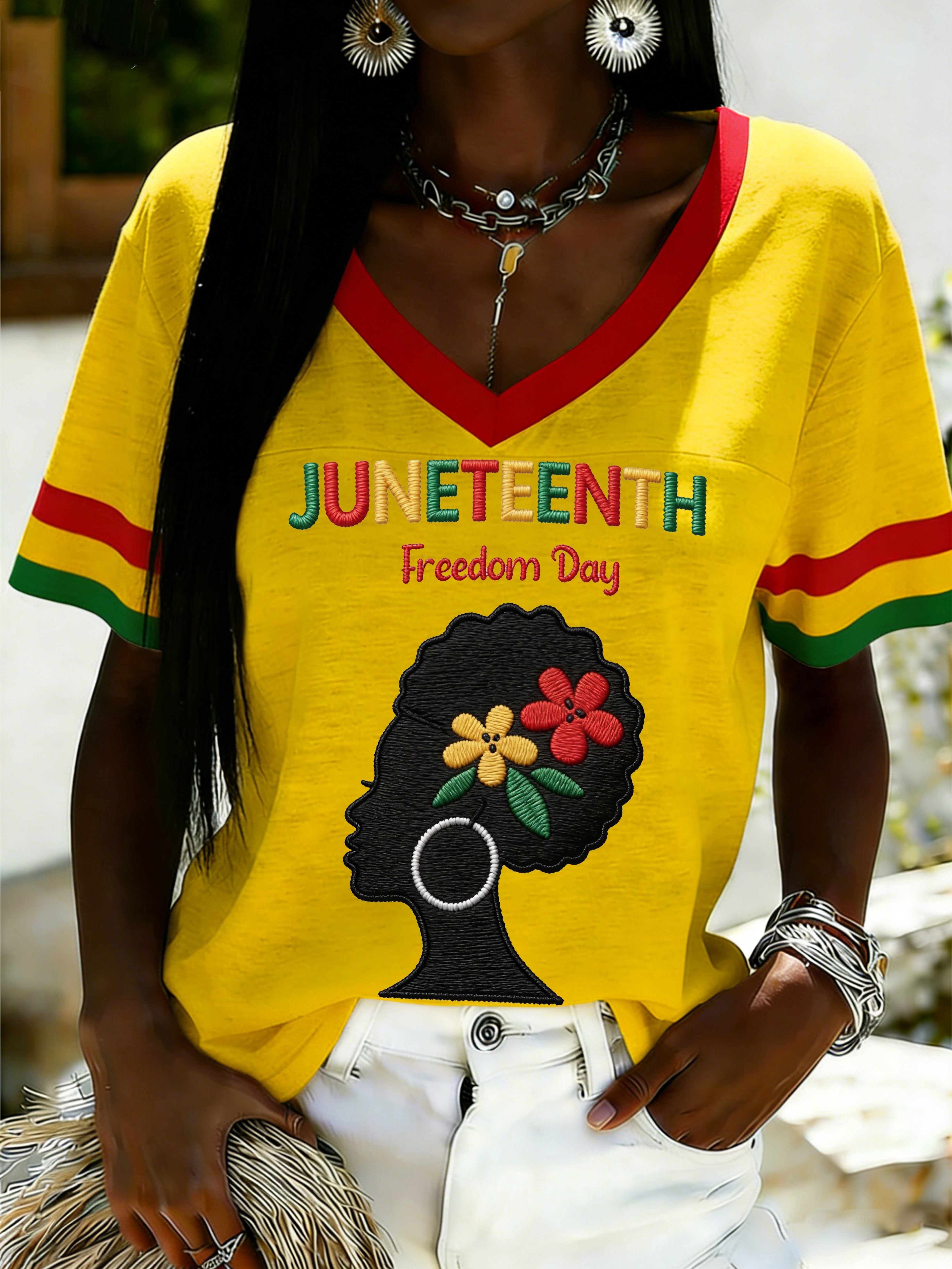 African American Women's Juneteenth Print V-Neck Top