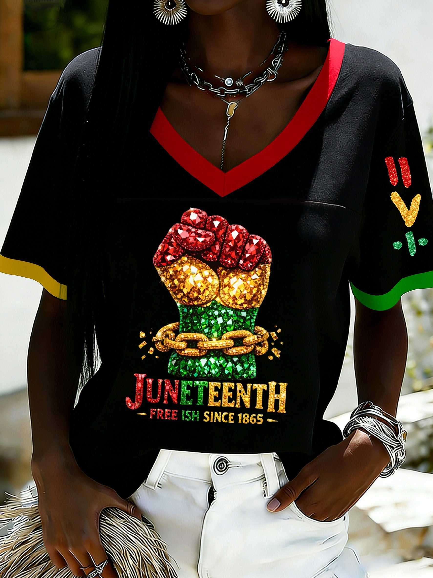 African American Women's Juneteenth Print V-Neck Top