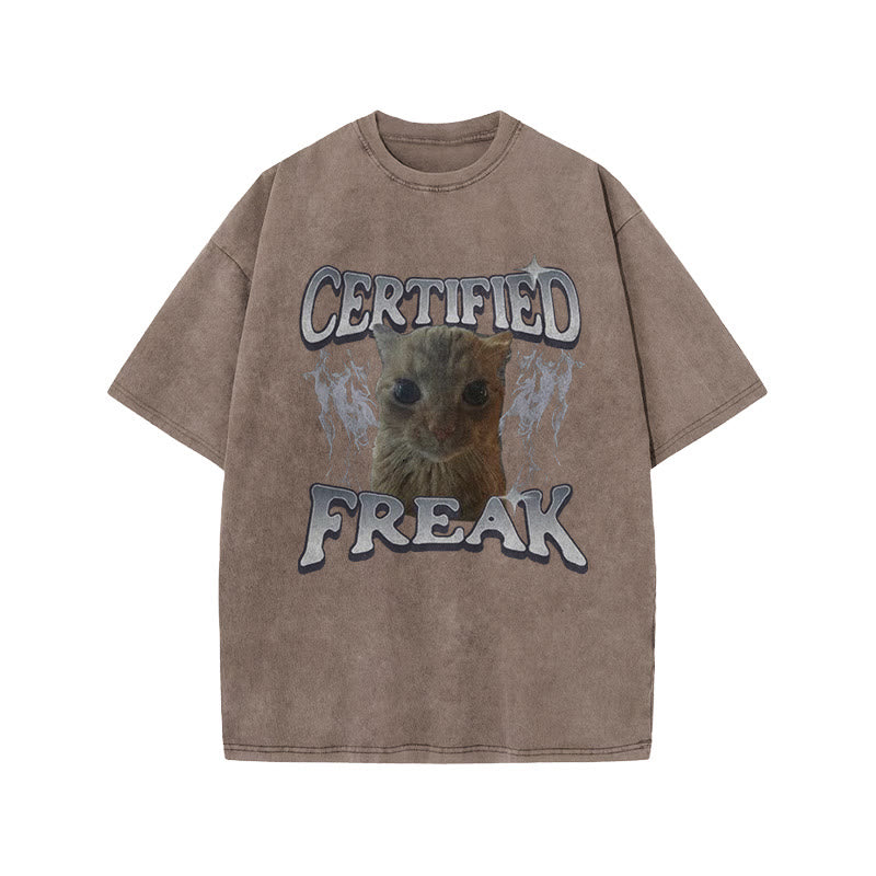 Unisex Certified Freak Funny Cat Print Acid Washed T-shirt
