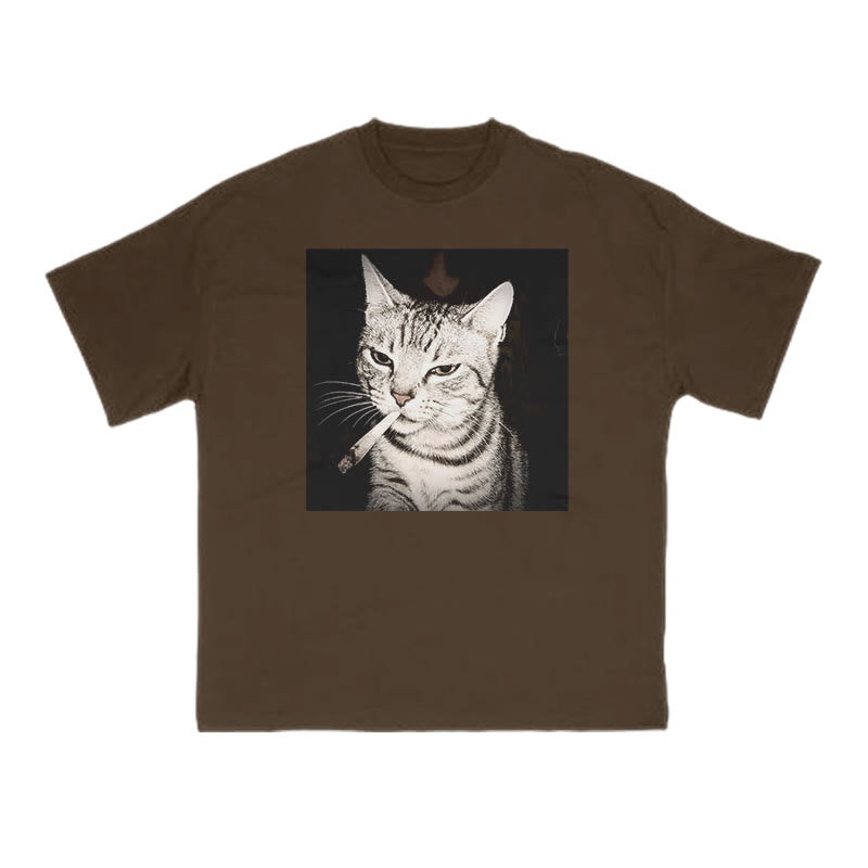 Unisex Smoking Tabby Cat Print T-shirt