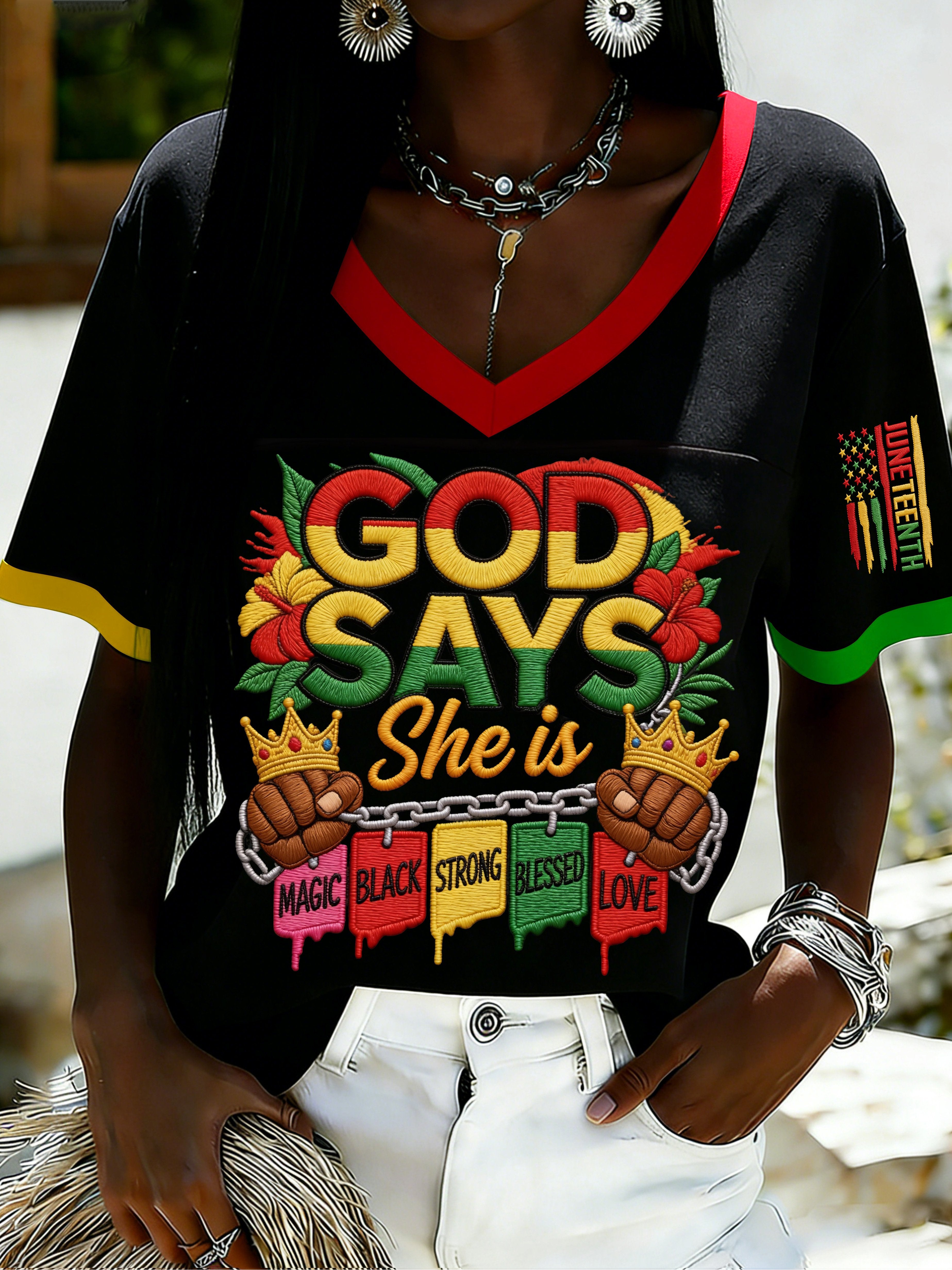 African American Women's Juneteenth Print V-Neck Top