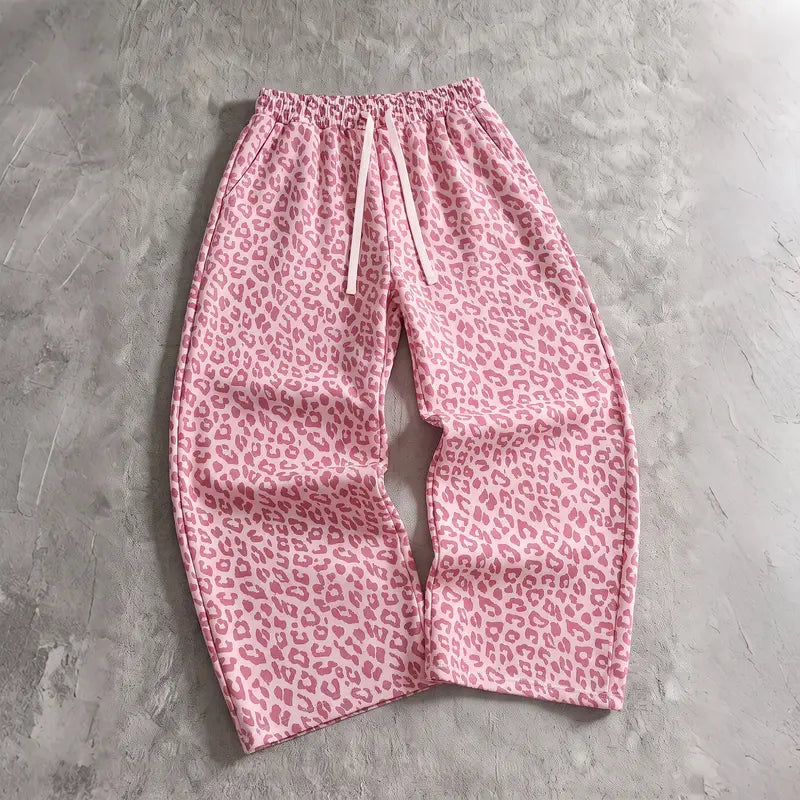 π Unisex Retro Leopard Print Wide-Leg Pants β Loose Fit Drawstring Trousers with Elastic Waistband π₯