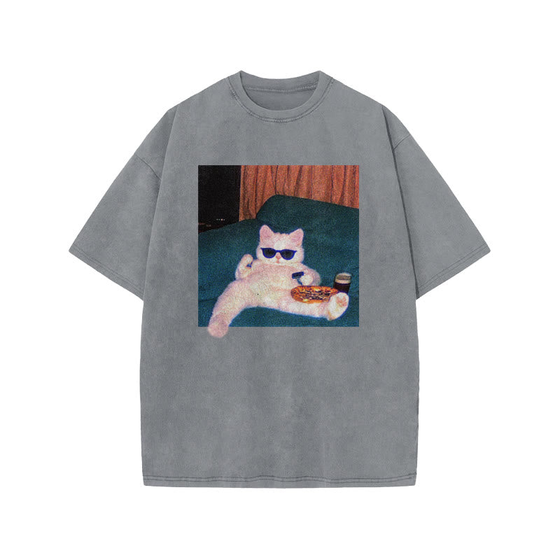 Unisex Cool Cat Print Acid Washed T-shirt