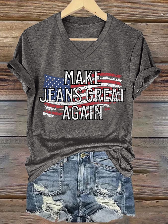 V-Neck Retro Make Jeans Great Again Print T-Shirt