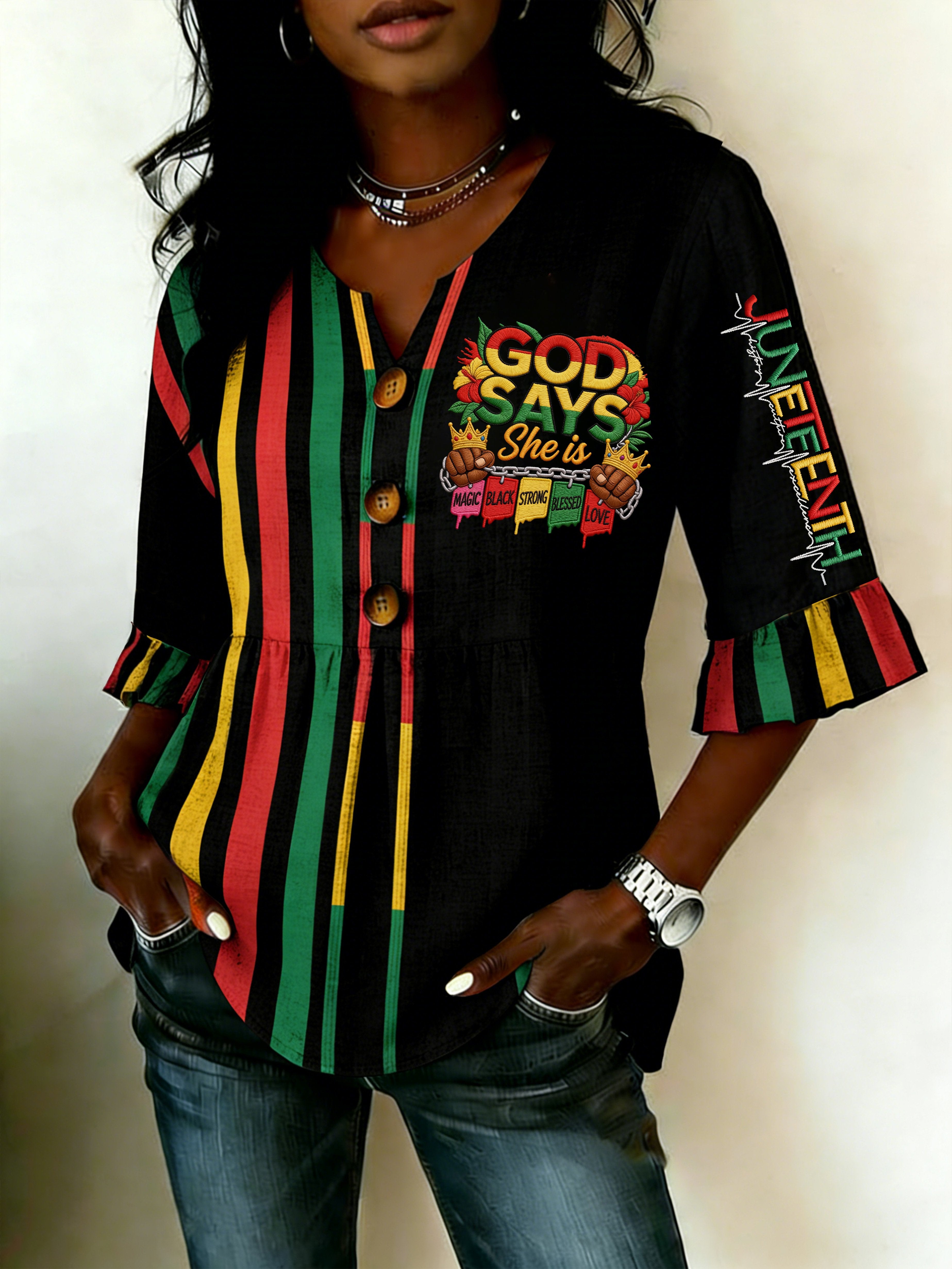 African-American Women's Juneteenth Print Faux-Linen Top