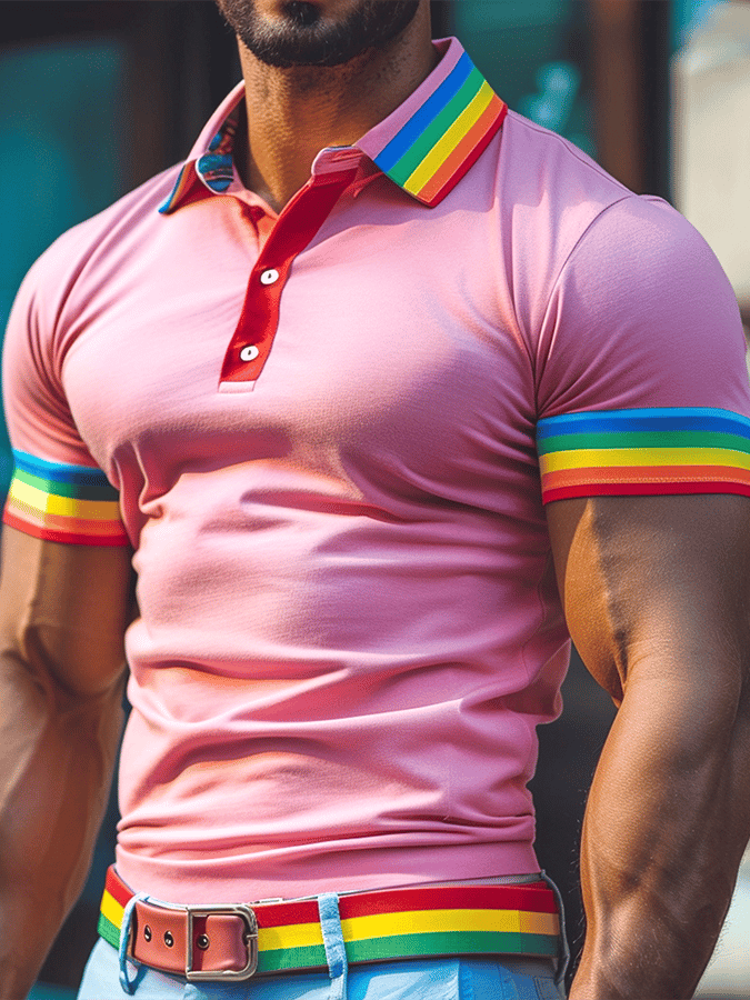 Men's Rainbow Stripe Pink Print Polo Shirt