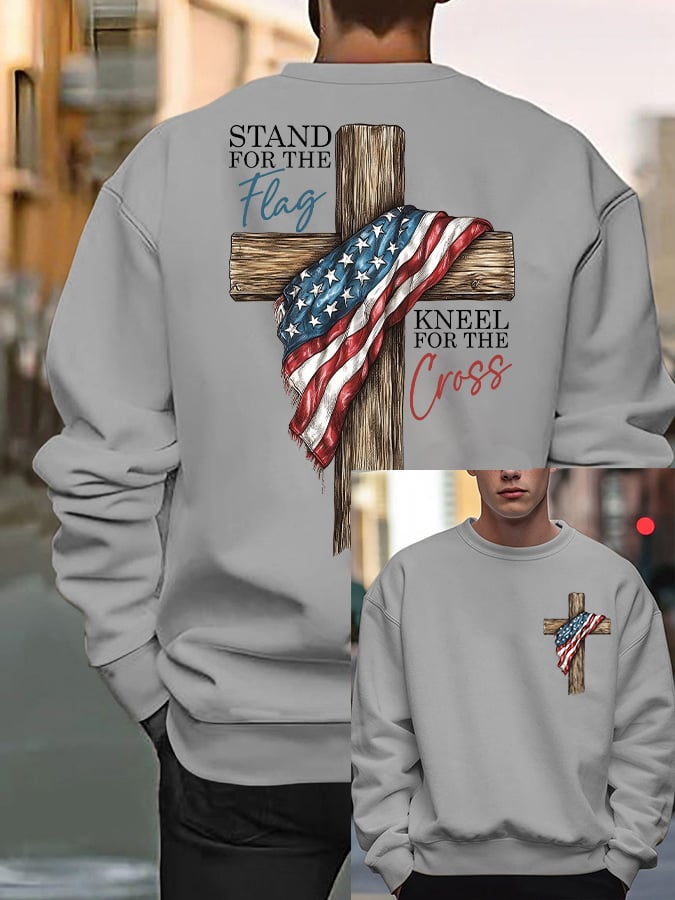 Men's Stand For The Flag Kneel For The Cross Print Casual Sweatshirt