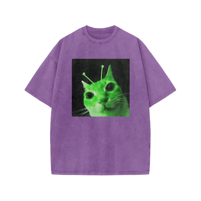 Unisex Alien Cat Halloween Print Acid Washed T-shirt