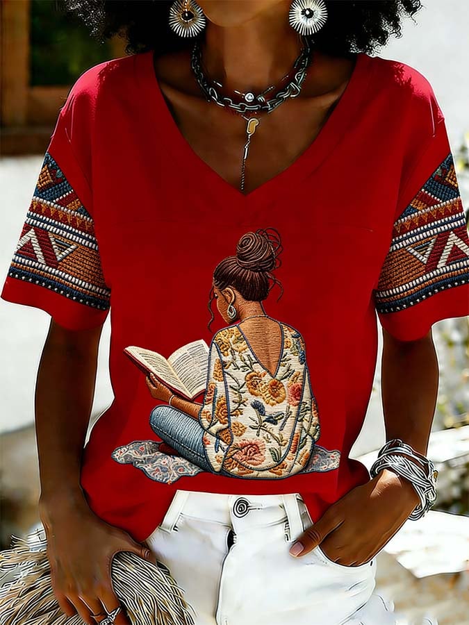 Women's Juneteenth "Positive Energy" Graphic V-Neck T-Shirt (Asian & Black Empowerment)