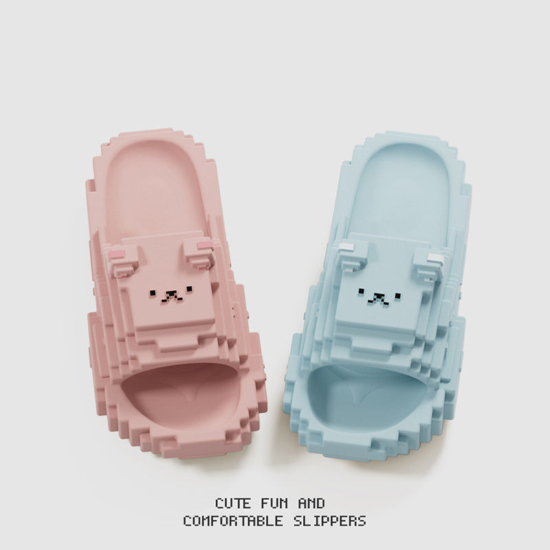 Summer Thick-Soled Non-Slip EVA Slides with Pixelated Bear & Building Block Design