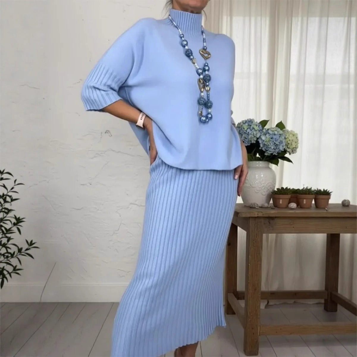 Elegant Knitted Turtleneck Sweater And Skirt Two-piece Set