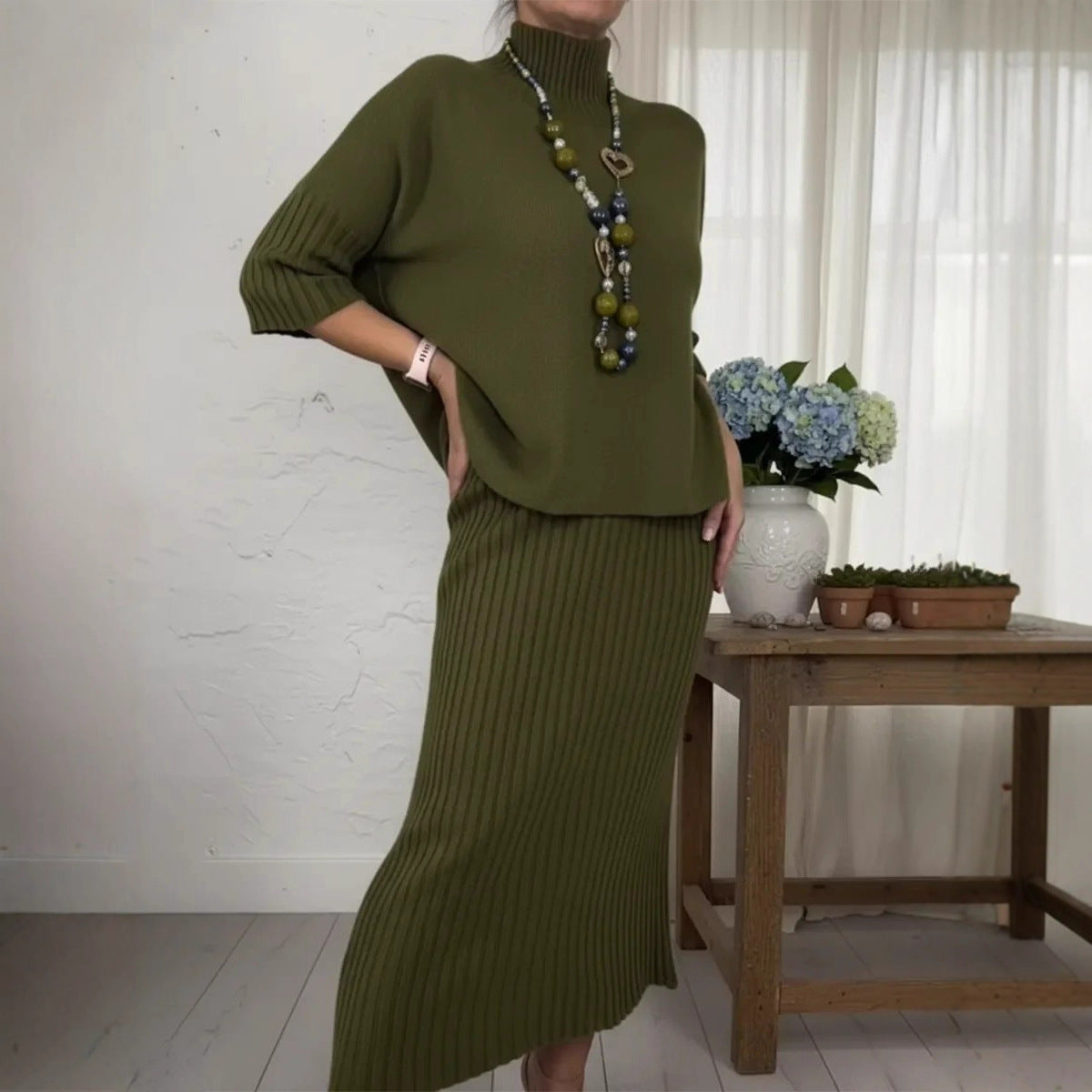 Elegant Knitted Turtleneck Sweater And Skirt Two-piece Set