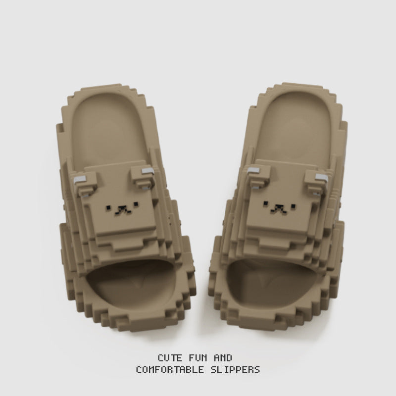 Summer Thick-Soled Non-Slip EVA Slides with Pixelated Bear & Building Block Design