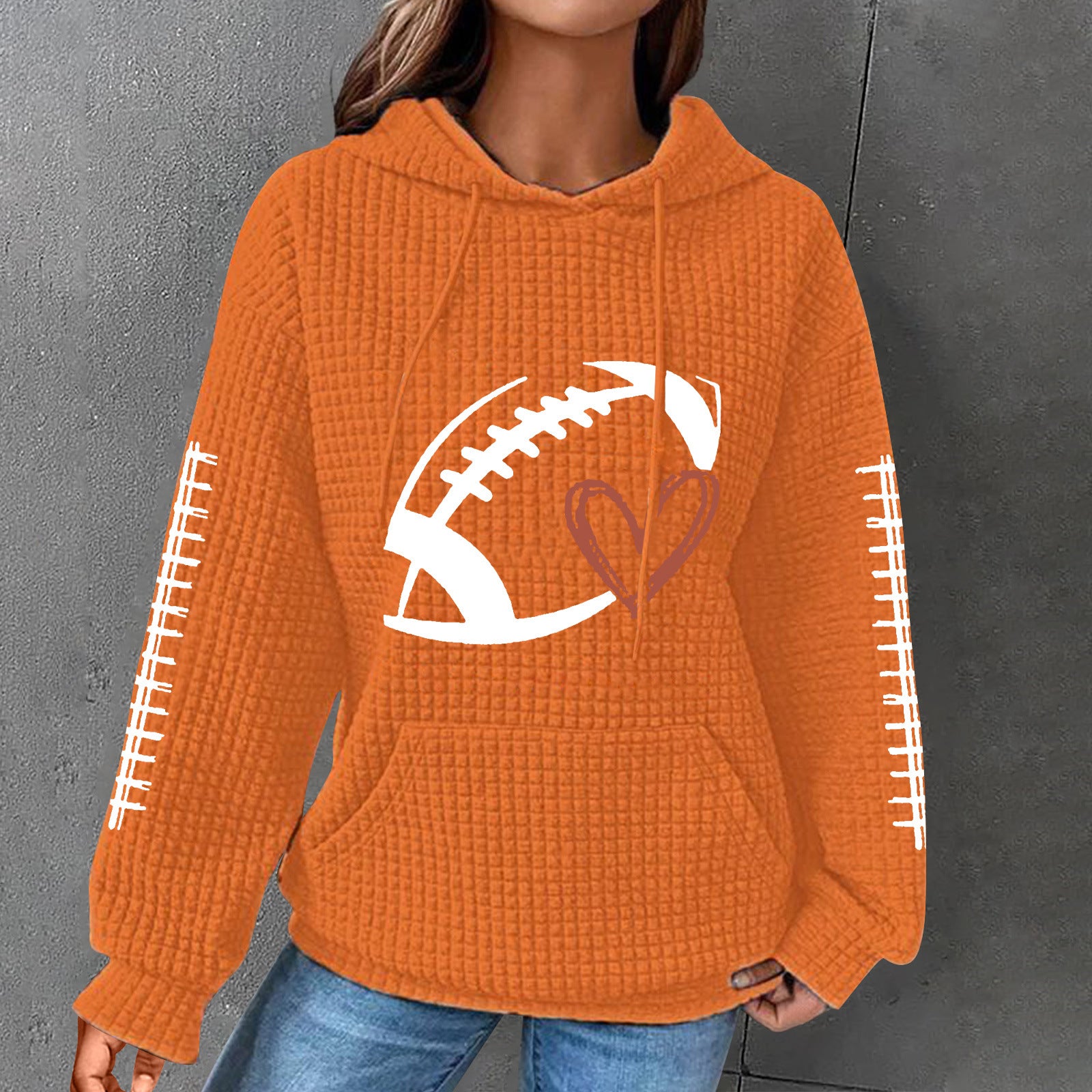 New rugby print women's pullover hooded waffle sweatshirt
