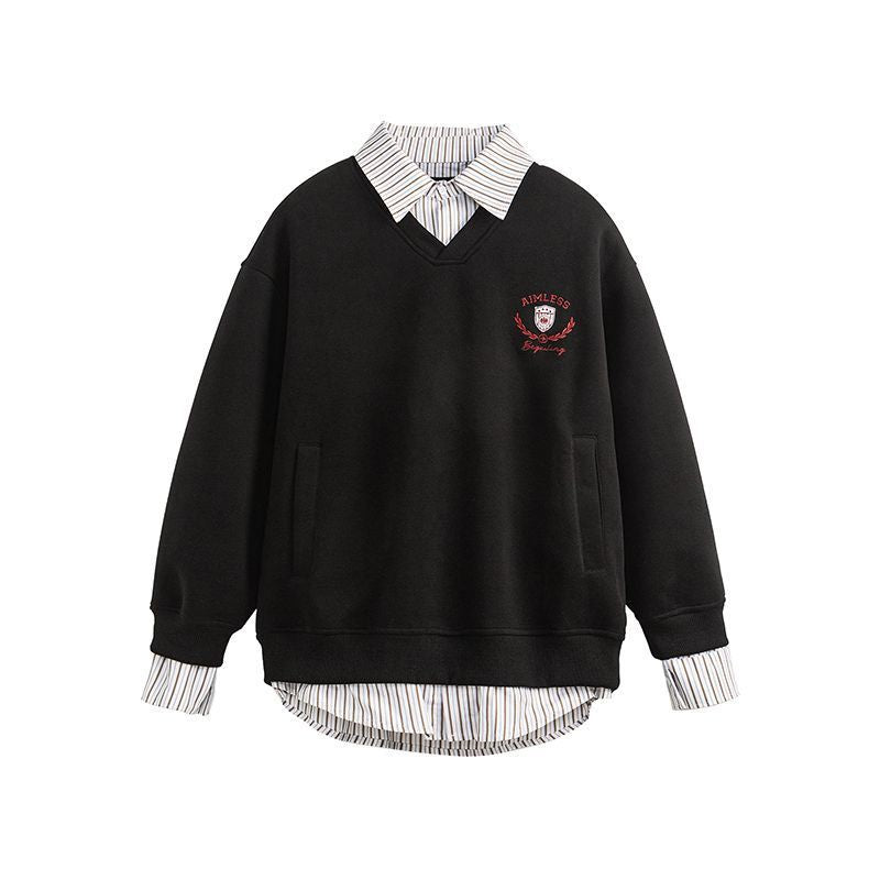 Unisex retro-style faux two-piece plaid patchwork collared sweatshirt