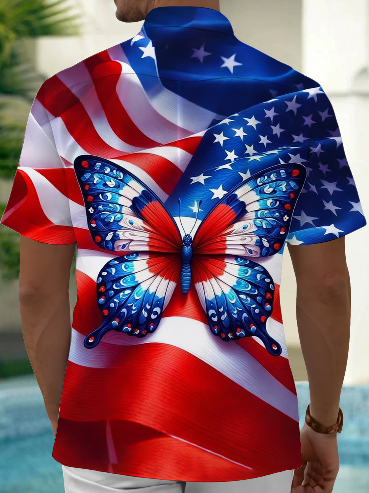Butterfly American Flag Print Men's Pocket Short Sleeve Shirts