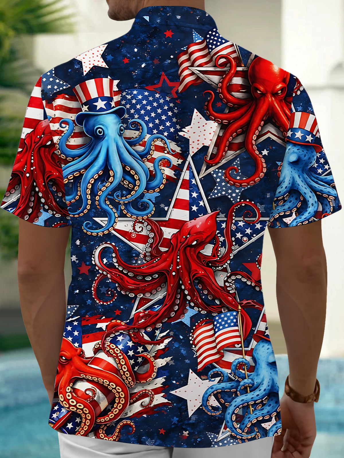 American Flag Octopus Hawaiian Print Men's Pocket Short Sleeve Shirts