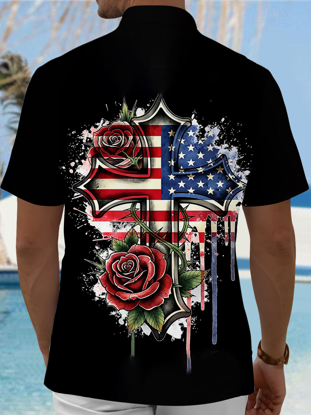 American Flag Cross Rose Flower Print Men's Pocket Short Sleeve Shirts