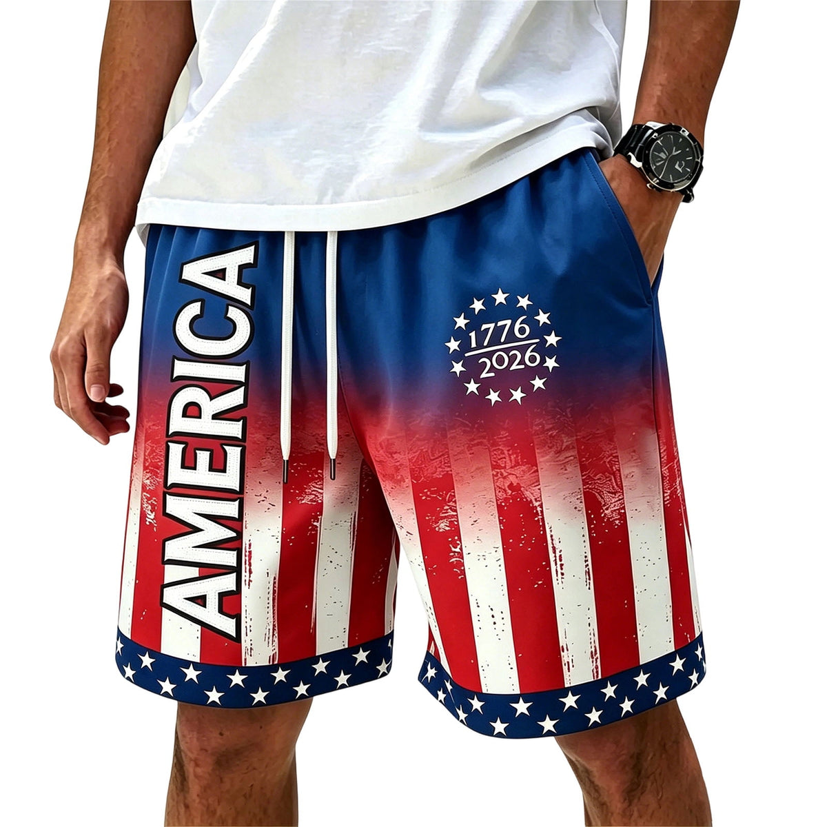 American Flag Shorts 1776-2026 Independence Day Print Casual Summer Drawstring Shorts