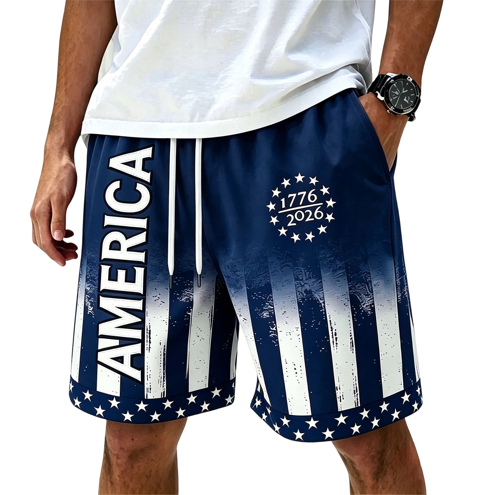 American Flag Shorts 1776-2026 Independence Day Print Casual Summer Drawstring Shorts