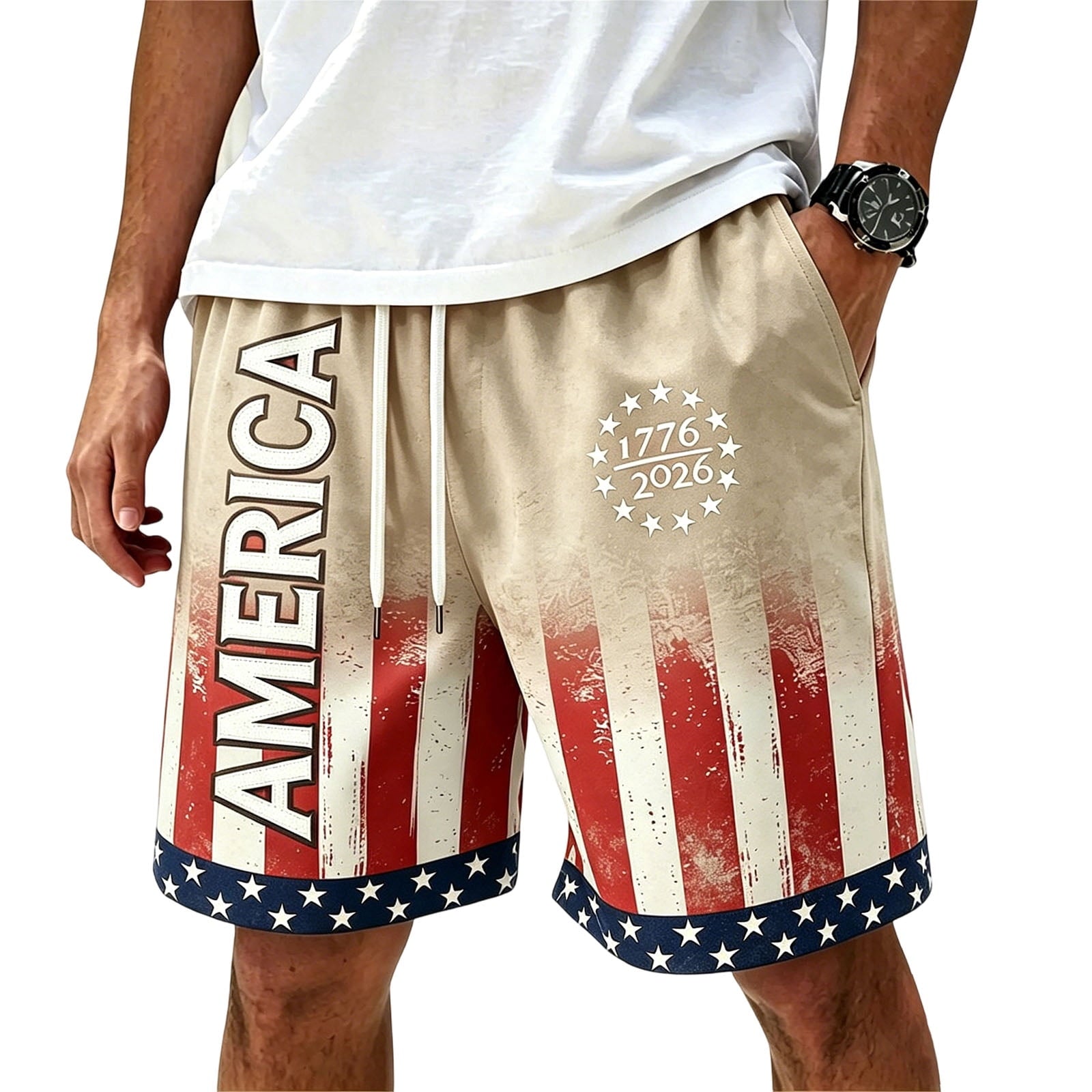 American Flag Shorts 1776-2026 Independence Day Print Casual Summer Drawstring Shorts
