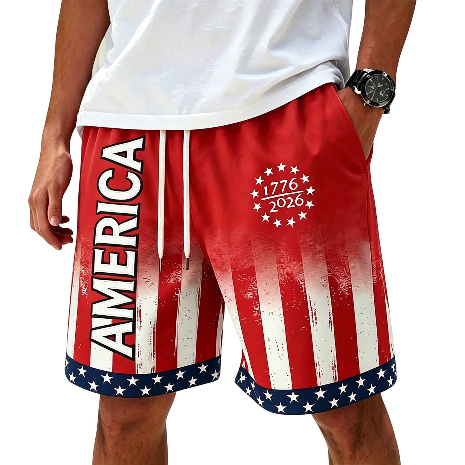 American Flag Shorts 1776-2026 Independence Day Print Casual Summer Drawstring Shorts
