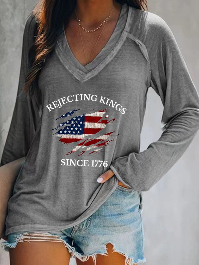 Women's “Rejecting Kings Since 1776” Printed V-Neck Casual T-Shirt