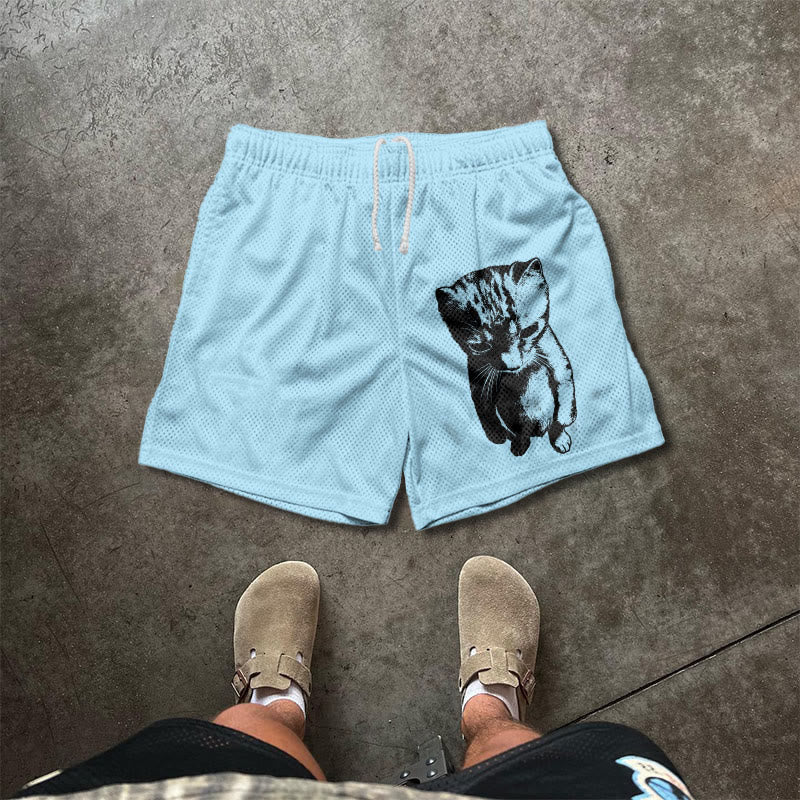 Funny Cat Meme Print Mesh Shorts