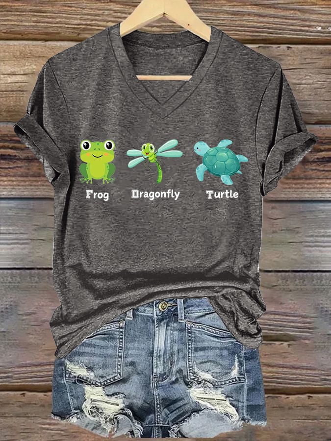 Women's Frog Dragonfly Turtle Printed T-Shirt