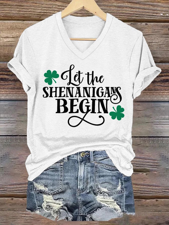 Women's Funny St. Patrick's Day Let The Shenanigans Begin Shamrock Print Casual V-Neck Tee