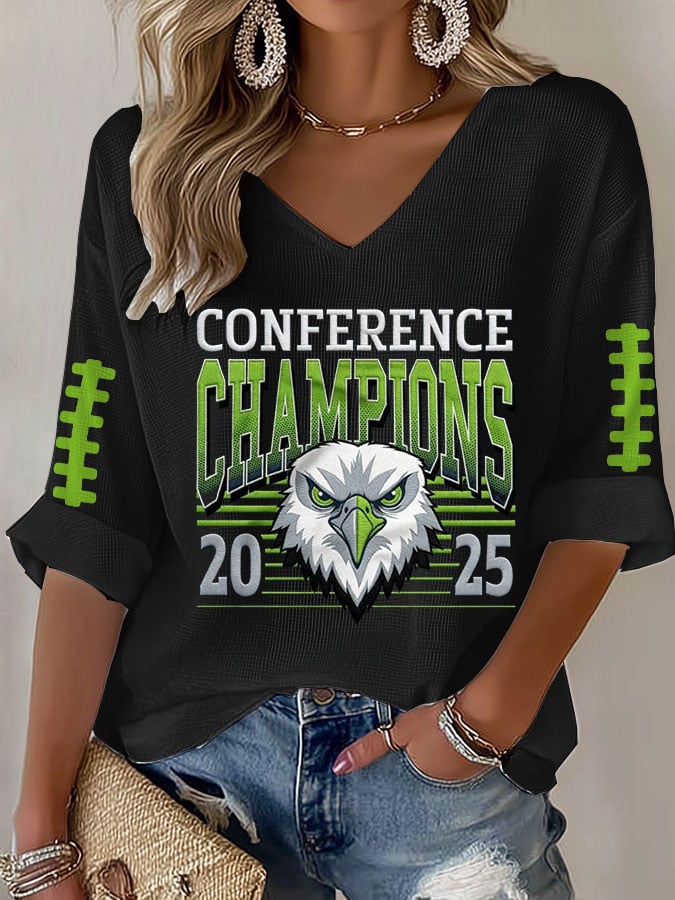 Women's Football Print Waffle Long Sleeve T-Shirt