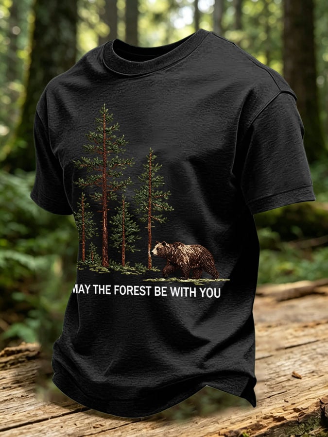Men's Retro May The Forest Be With You Print Round Neck T-Shirt