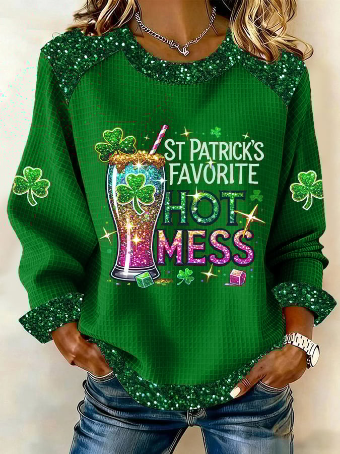 Women's St. Patrick's Favorite Hot Mess Print Casual Sweatshirt