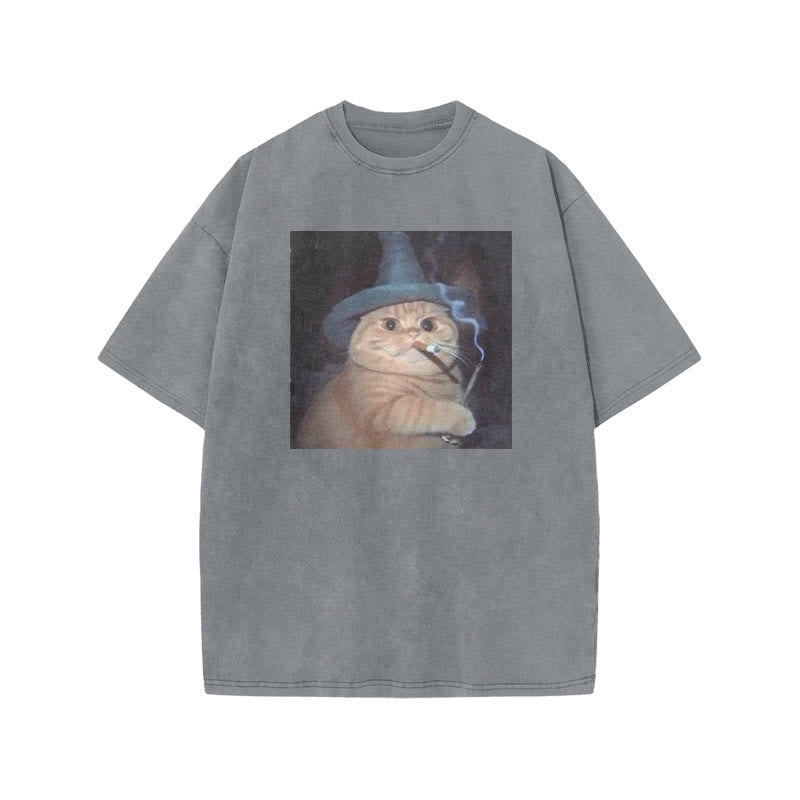 Unisex Smoking Wizard Cat Halloween Print Acid Washed T-shirt