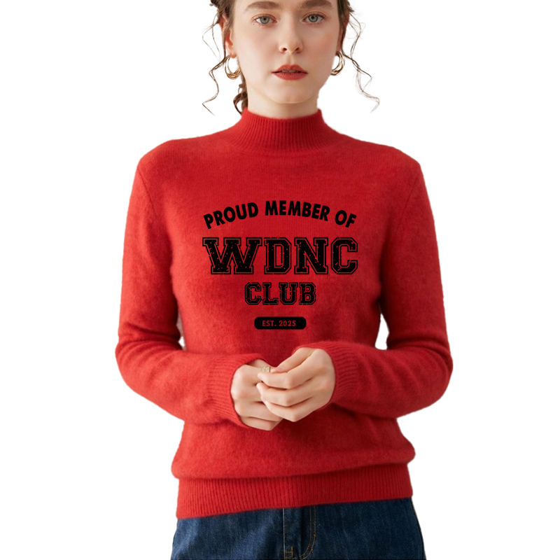 Retro and fun WDNC Club menopause/perimenopause themed printed mock neck sweater.