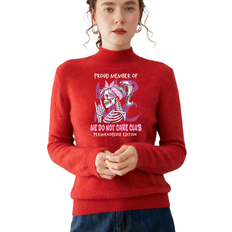 Retro and fun WDNC Club menopause/perimenopause themed printed mock neck sweater