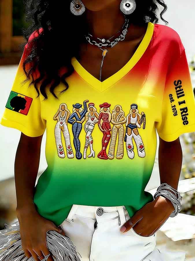 Women's Feminist Slogan Juneteenth Print V-Neck Top
