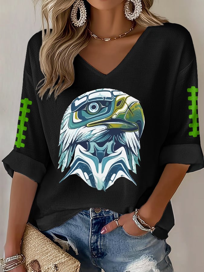 Women's Rugby Print Waffle Long Sleeve T-Shirt