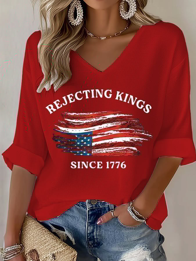 Women's No Kings In America Printed Casual Waffle T-Shirt