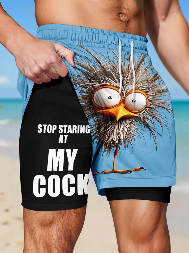 Unisex Funny Quirky Bird Print Anti-Chafe Liner 2-in-1 Straight Shorts