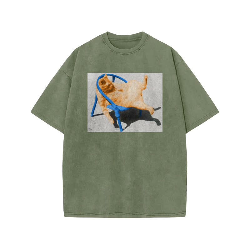 Unisex Cat Lying Flat Print Acid Washed T-shirt