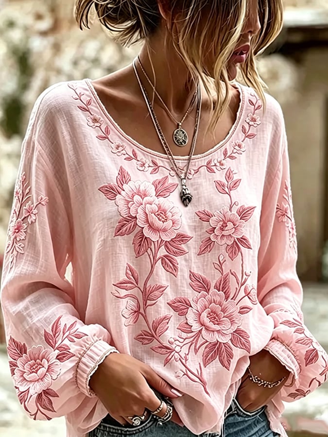Women's Floral Cotton-Linen Print Top
