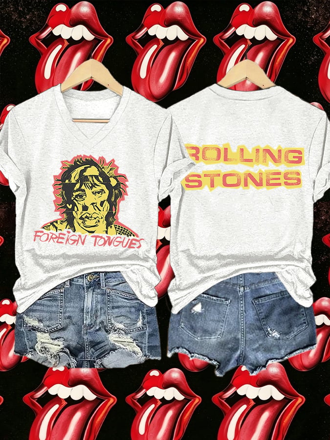 Women's V-Neck Retro Foreign Tongues Print T-shirt
