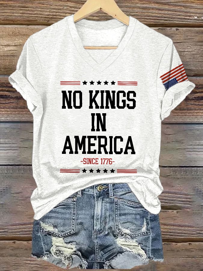 V-Neck Retro No Kings In America Since 1776 Print T-Shirt