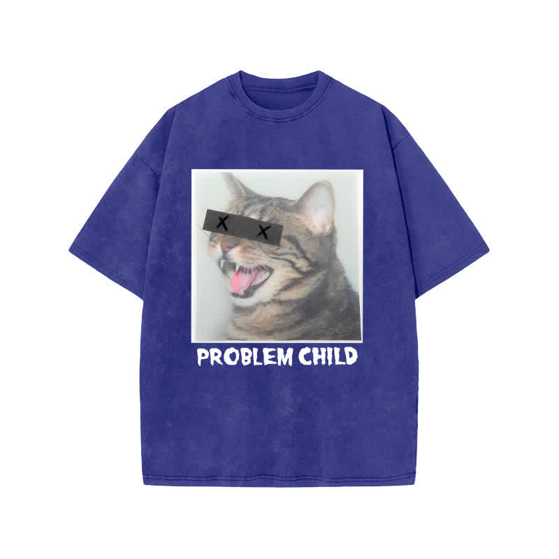Unisex Problem Cat Art Print Acid Washed T-shirt