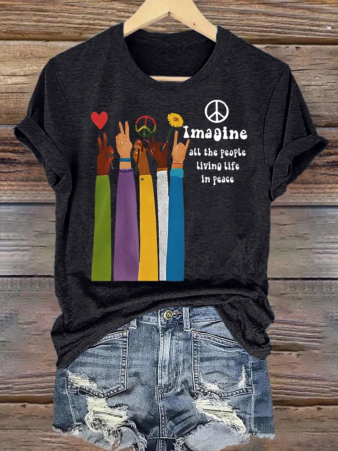 Women's Raised Hand Print Imagine Lyrics T-Shirt