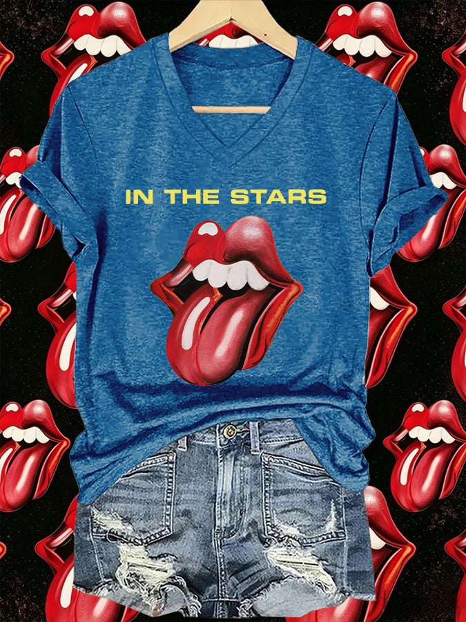 Women's V-Neck Retro Foreign Tongues Print T-shirt