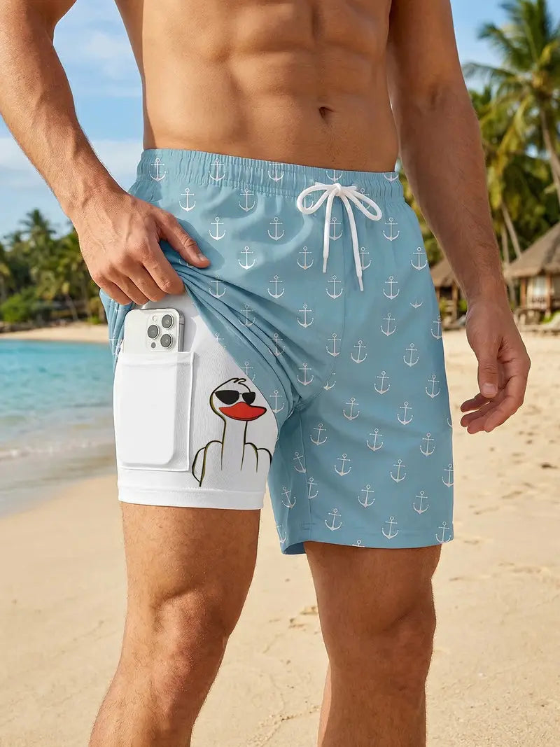 Unisex Prank Duck Print 2-in-1 Beach Shorts