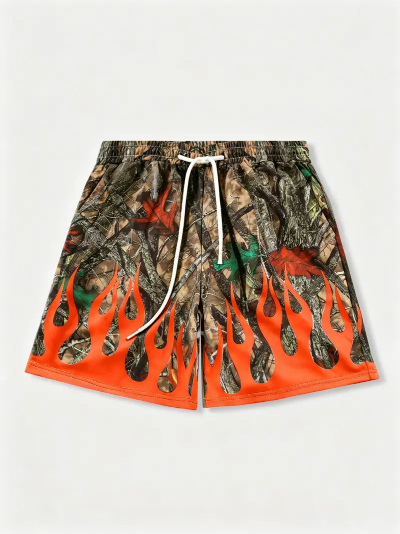 Unisex Trendy Baggy Camouflage and Flame Print Beach Shorts